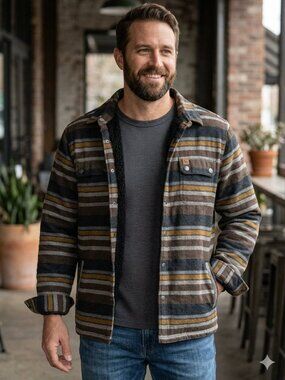 HippyTree Carpinteria Sherpa Lined Flannel Jacket Chocolate Striped Size XL